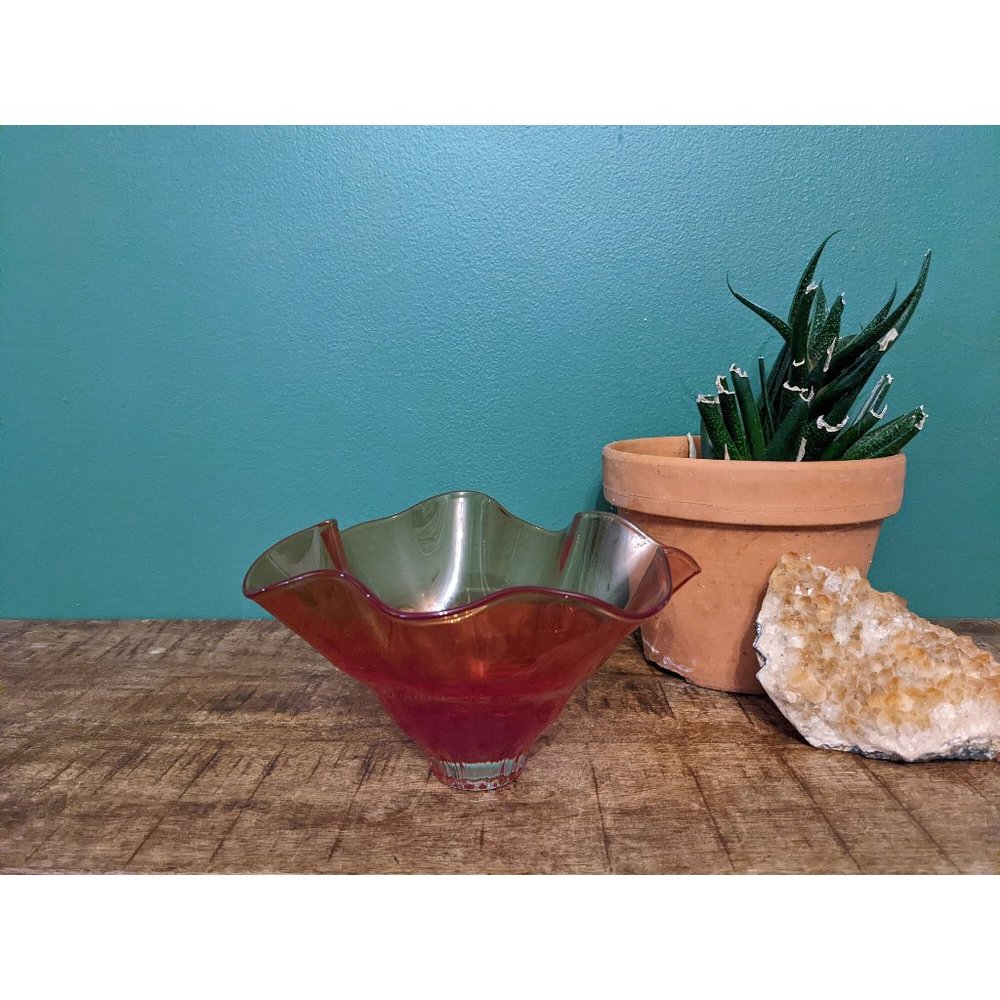 Signed Original Rick Sherbert Ruffled Art Glass Bowl - Pink Peach Coral Amber